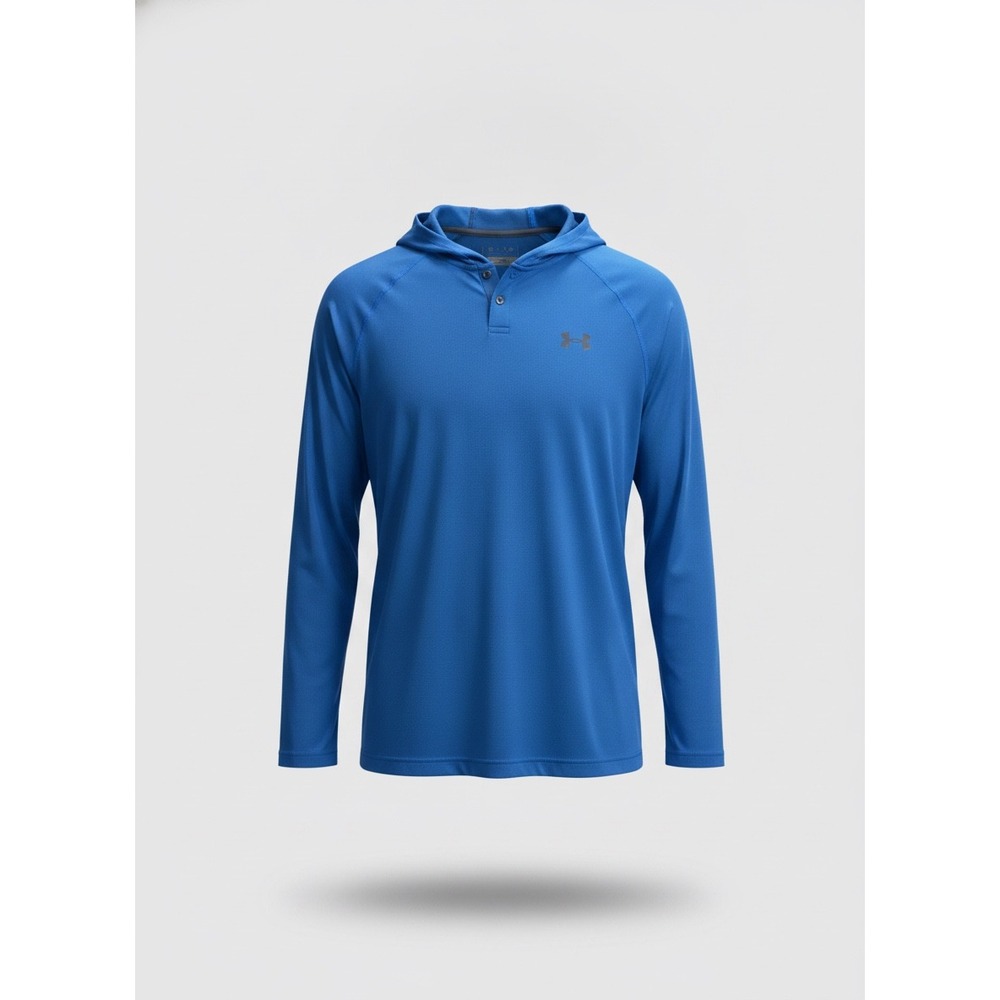 Under Armour Mens HeatGear Long Sleeve Hooded Henley Shirt Blue Tech Hoodie XL